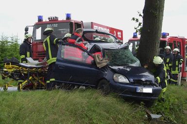 Der Pkw war mit der Fahrerseite gegen den Baum geprallt. Fotos: Hauke Pannen